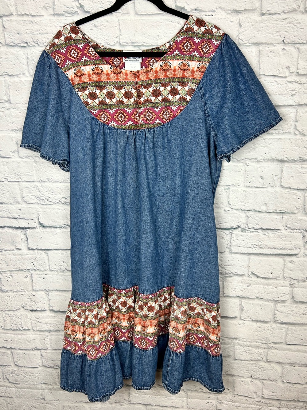 National Size 1X Denim Boho Midi Dress Patchwork Print Cotton Pockets
